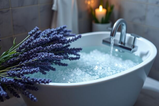 Levendulás fürdősó a fürdőkádban, aromaterápia és relaxáció.