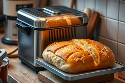 Friss kenyér egy kenyérsütő gépből kiemelve konyhai környezetben.