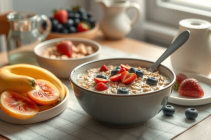 Tál zabkása friss gyümölcsökkel és egészséges reggeli összetevőkkel.