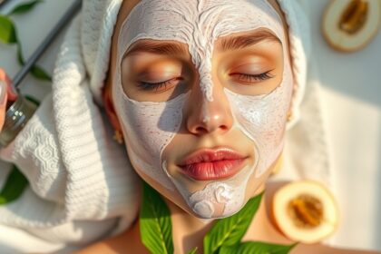 A nő arcmaszkot visel, zöld levelekkel és gyümölccsel körülvéve.