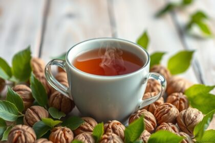 Diótea gőzölög egy fehér csészében, körbefonva dióhéjjal és levelekkel.