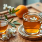 Narancsvirág tea virágokkal és egy narancs gyümölccsel