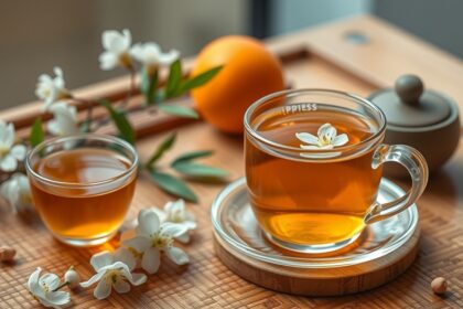 Narancsvirág tea virágokkal és egy narancs gyümölccsel