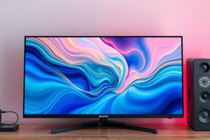 Modern LED monitor színes háttérvilágítással és hangszórókkal