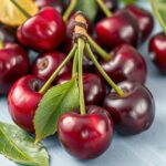 Friss, érett cseresznyék levelekkel és jéggel díszítve