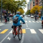 Kerekparosok varosban, biztonsagos kozlekedes az utcan.