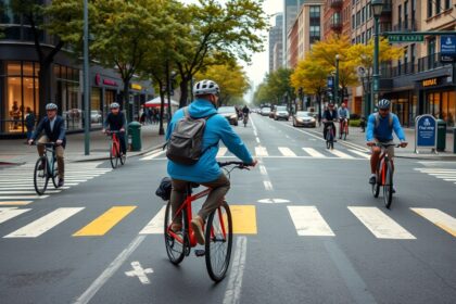 Kerekparosok varosban, biztonsagos kozlekedes az utcan.
