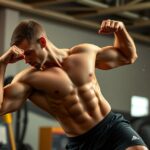 Férfi edzőteremben, izmos testformákkal és energikus testtartással.