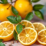 Friss bergamott gyümölcs és szeletek zöld levelekkel