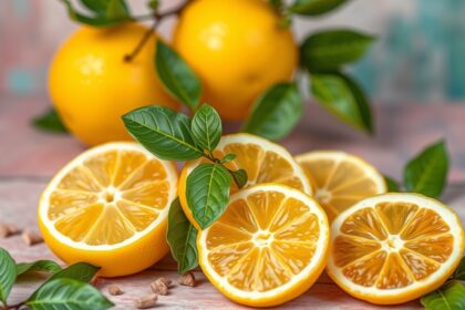 Friss bergamott gyümölcs és szeletek zöld levelekkel