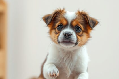 Aranyos kis kutya közelről, érdeklődve néz a kamerába.