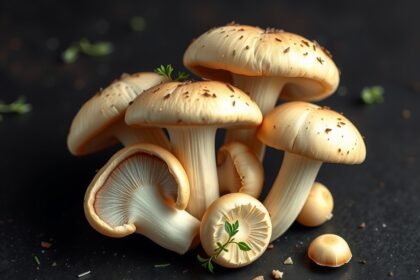 Friss csiperkegombák részletes képe sötét háttérrel.