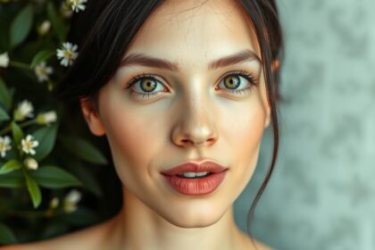 Fiatal nő arca orvosi zsályával körülvéve, ragyogó bőrápolás