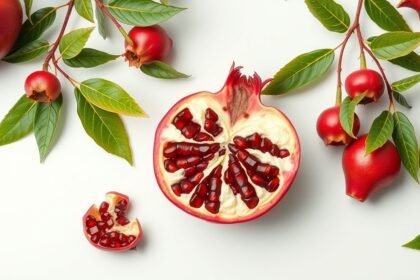 Friss gránátalma, félbevágva és egész gyümölcsök levelekkel.