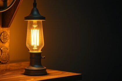 Karbidlámpa az asztalon, meleg fénnyel világítva.