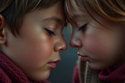 Két gyermek egymással néz, érzelmi kapcsolatot tükrözve.