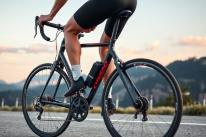 Kerékpározás közben látható sportoló lábizmokkal és kerékpárral.