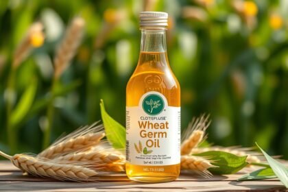 Búzacsíraolaj palack, búzafélék háttérben, természetes szépségápolás