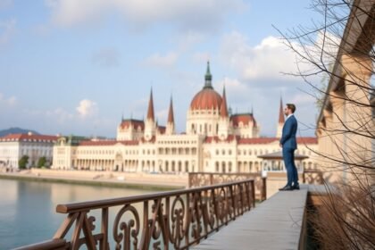 Üzletember a parlament előtt, a Kkt. alapítás előnyeiről és hátrányairól gondolkodik.