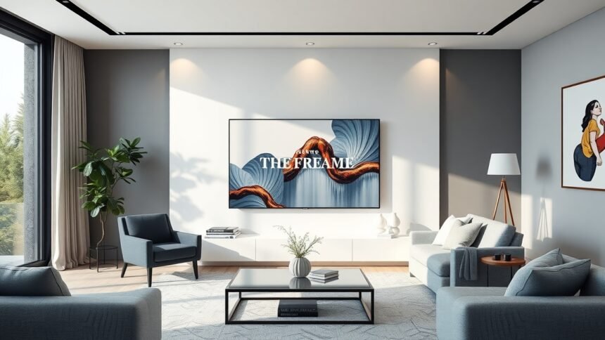 Samsung The Frame QE85LS03D művészeti TV dekoratív módon egy modern nappaliban