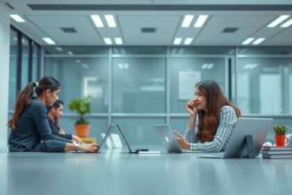 Nők online tanuláshoz laptopon tanulmányoznak egy modern irodában.