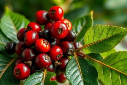 Guarana bogyók és levelek közelképe, energikus és egészséges megjelenés