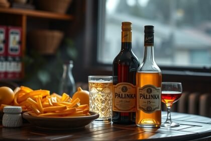 Pálinka és friss gyümölcsök egy fából készült asztalon