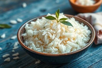 Illatos jázmin rizs tálban, friss fűszerekkel díszítve.