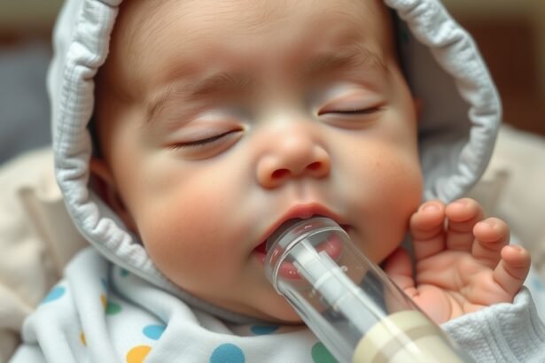 Csecsemő alszik és szélcsövet használ egy kényelmes pózban.