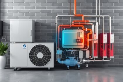 Monoblokk hőszivattyú kültéri egysége csövezéssel és fűtéssel.