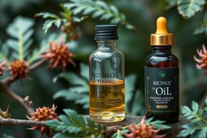 Két üveg ricinusolaj különböző kiszerelésben természetes háttérrel.