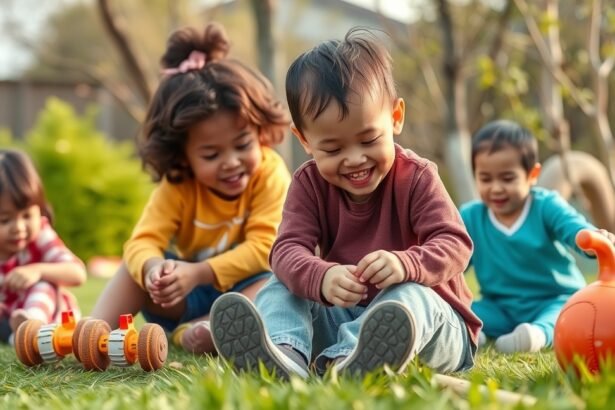 Gyerekek mozgásos játékokat játszanak a szabadban.