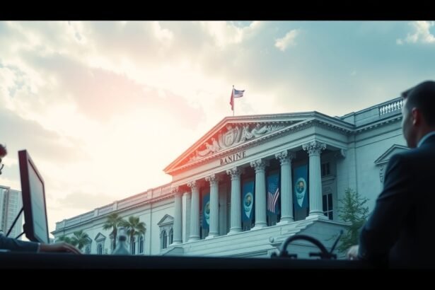 Banki épület külső nézete, dolgozókkal és amerikai zászlóval.