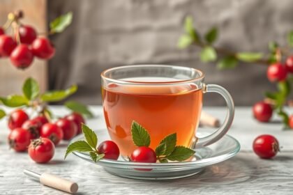 Friss csipkebogyó tea egy átlátszó bögrében, mellett friss bogyók