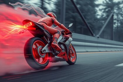 Fokozott sebesség motorkerékpáron, élénk piros fénnyel