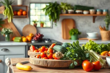 Friss zöldségek és gyümölcsök a konyhában az egészséges főzéshez