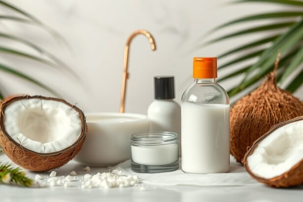 Kókusztej és bőrápolási termékek asztalon, zöld levelekkel.