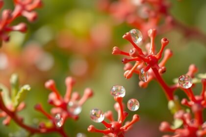 Vizes csepppekkel díszített vörös növényágak közeli képe