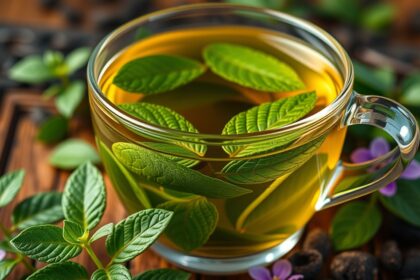 Friss Veronika tea levelek egy csésze zöld teában.