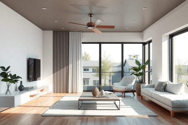 Modern otthon fan-coil fűtési rendszerrel és világos nappali.