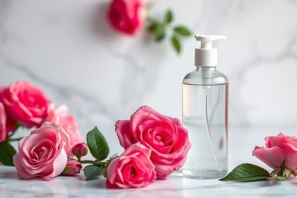 Rózsavíz és friss rózsák, természetes bőrápolás.