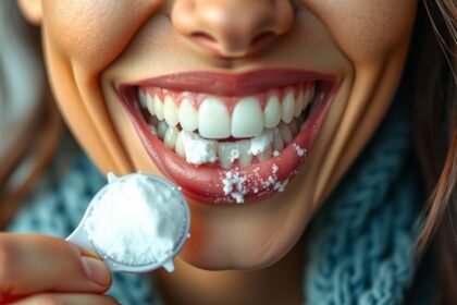 Nő fogfehérítés szódabikarbónával, ragyogó mosoly