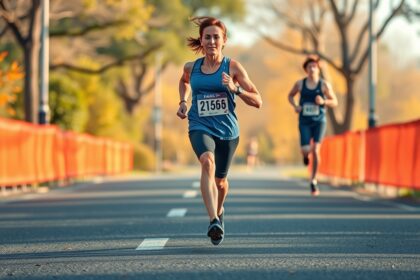 Női futó 5 km-es versenyen, kiemelkedő teljesítménnyel