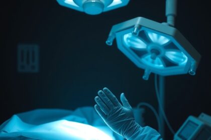 Sebészeti kéz és világító műtő lámpák az érzéstelenítés után