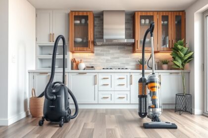 Központi porszívó és hagyományos porszívó a modern konyhában.