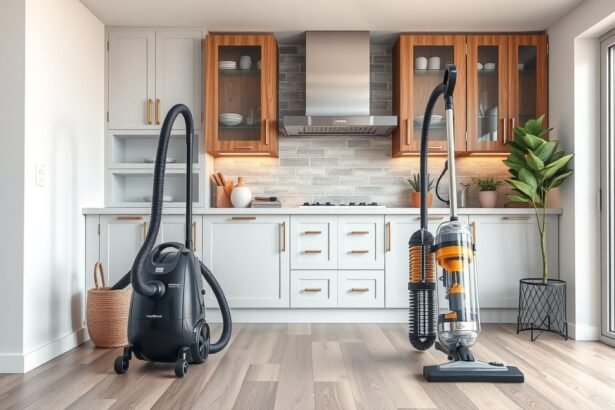 Központi porszívó és hagyományos porszívó a modern konyhában.