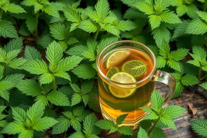 Csalántea lime és mentalevelekkel, friss növények között