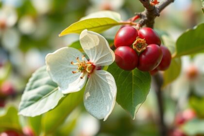 Friss som gyümölcs és virág a zöld leveleken