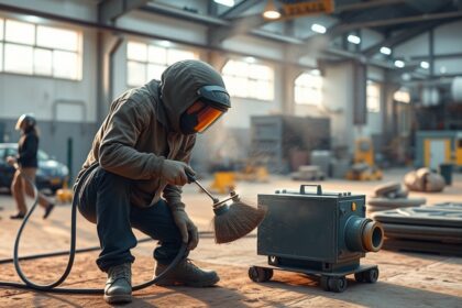 Homokszórás folyamat egy ipari műhelyben