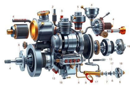 Robogó karburátor és motor alkatrészek ábrázolása részletesen.